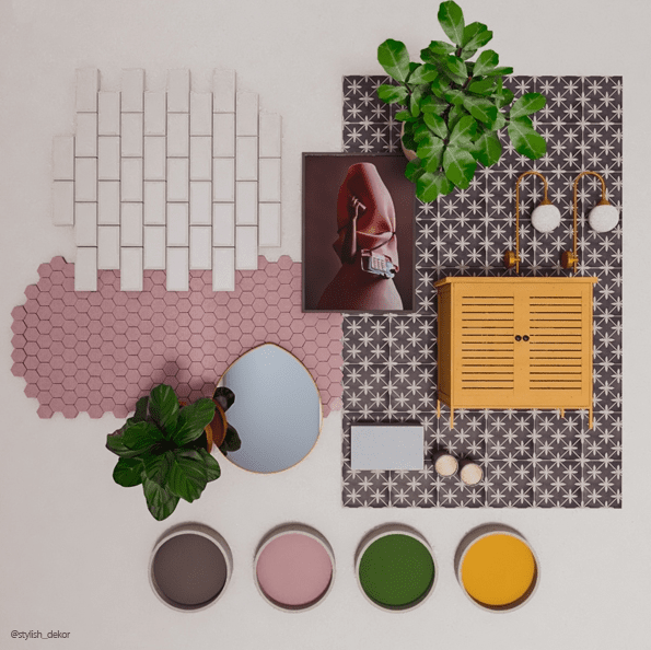 Bathroom Mood Board with Pink Hexagon Tiles