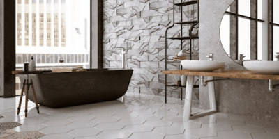 A stunning bathroom with mesmerising tiles of different shapes and colours. 
Source: House Beautiful